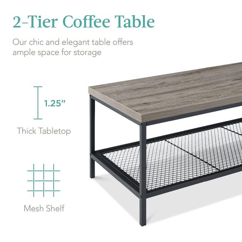 Best Choice Products 44in 2-Tier Modern Industrial Rectangular Wood Coffee Table w/ Mesh Shelf, Metal Frame