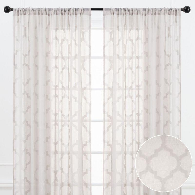 Taupe Quatrefoil Sheer Polyester Rod Pocket Curtain Panels, 52" x 96", Set of 2