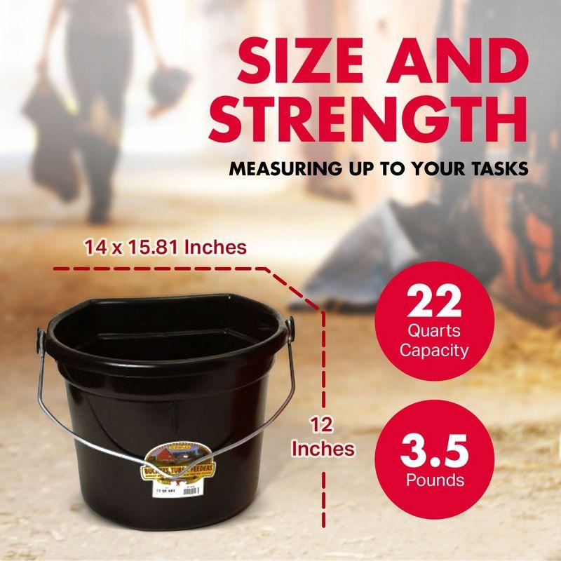 Little Giant 22 Quart Durable and Heavy-Duty Flat Plastic Animal Feed Bucket with Knob Bail and Stacking Ribs for Farms and Ranches, Black