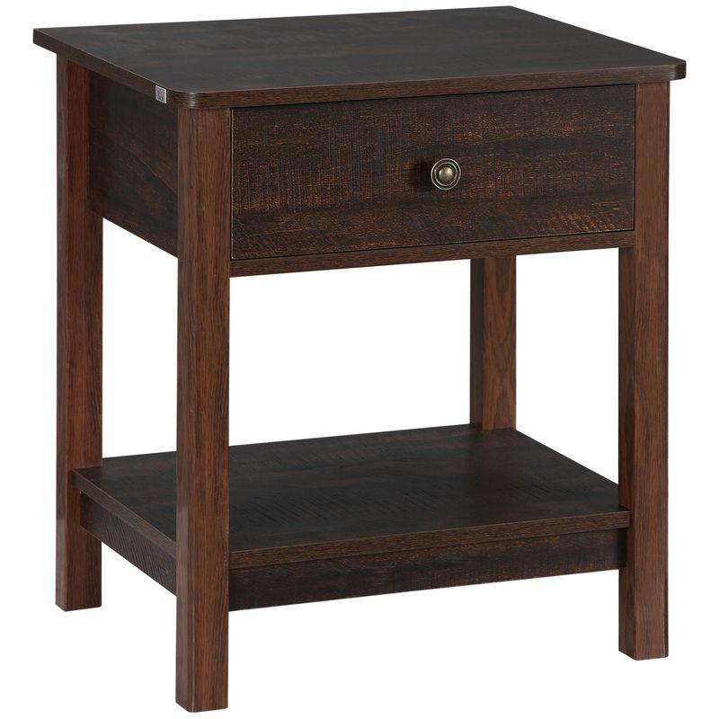 Dark Brown Wood End Table with Drawer and Shelf