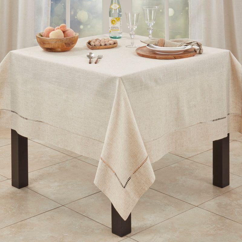 Natural Poly-Linen Blend Square Tablecloth with Hemstitch Border