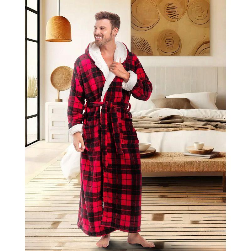 ADR Men's Warm Winter Plush Hooded Bathrobe, Full Length Fleece Robe with Hood Red Black Plaid with Cream Medium