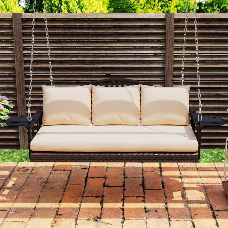 Outsunny 3 Person Outdoor Hanging Wicker Porch Swing Bench with Cup Holders, Cushions, and Chains, 800 LBS Capacity for Garden Backyard, Brown