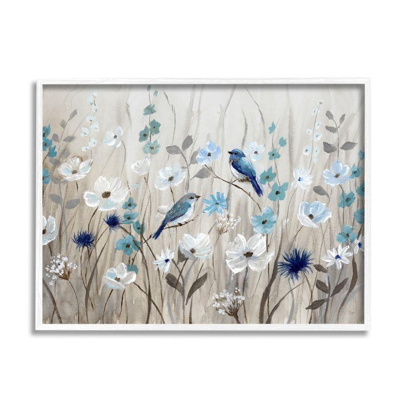 Stupell Birds in Meadow Blue Blossoms White Framed Giclee, 11 x 14