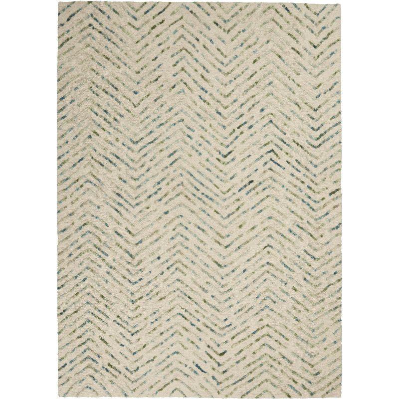 Artisanal Chevron Ivory & Green Hand-Tufted Wool Rug 5' x 7'