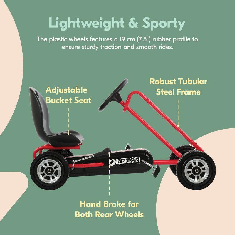 hauck Lightning Ride On Pedal Go Kart Toy with Ergonomic Adjustable Bucket Seat, Handbrake, and Sharp Handling for Boys and Girls, Red