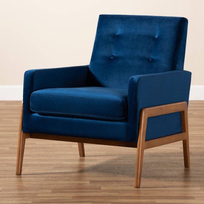 Baxton Studio Perris Mid-Century Modern Velvet Fabric Upholstered Wood Lounge Chair Blue: Polyester, Spot Clean, Armchair