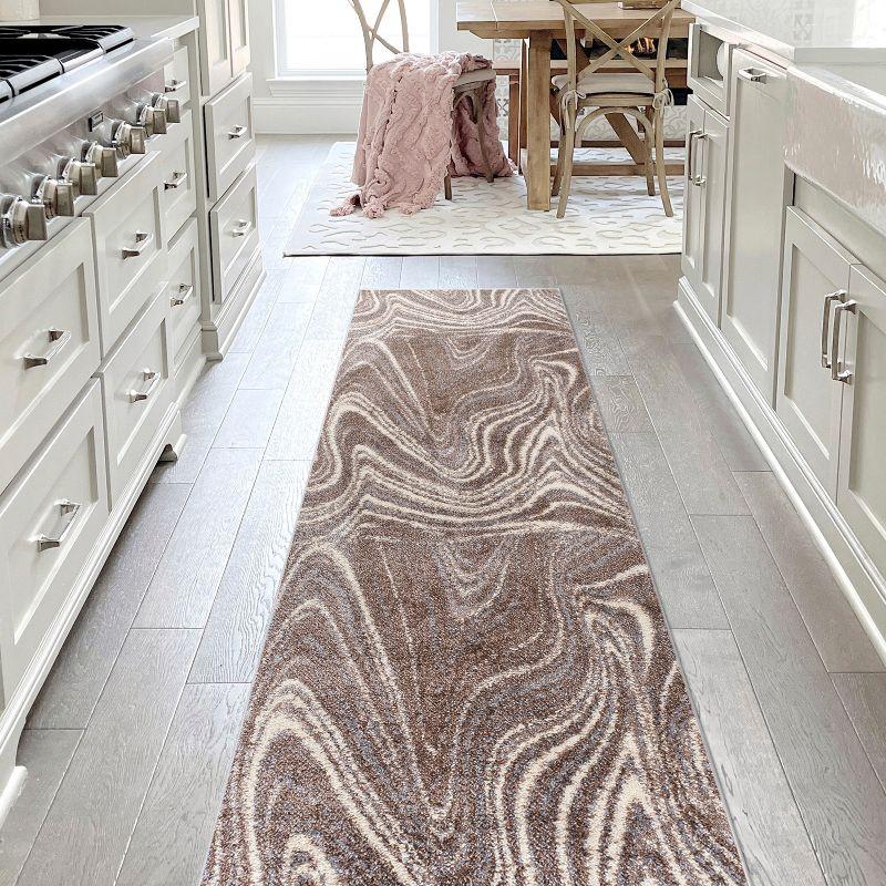 Brown and Cream Abstract Marble 2 x 8 Synthetic Runner Rug