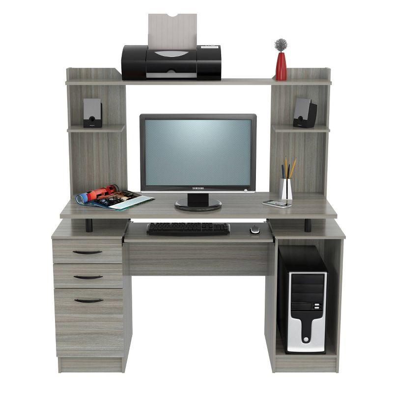 Computer Workcentre With Hutch Smoke Oak - Inval: Modern Laminate Writing Desk, MDF Frame, Open Shelf Storage