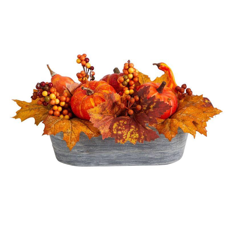 Nearly Natural 12-in Fall Pumpkin and Berries Autumn Harvest Artificial Arrangement in Washed Vase