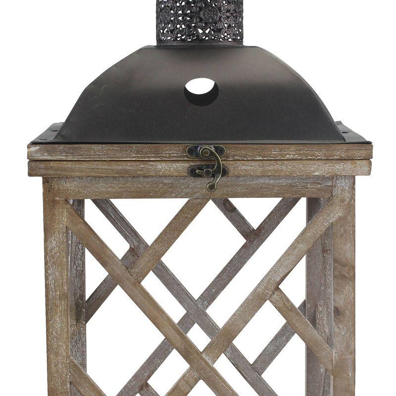 Stonebriar Collection Set of 2 Wooden and Metal Hurricane Candles Lantern Brown : Indoor/Outdoor, Pillar Compatible