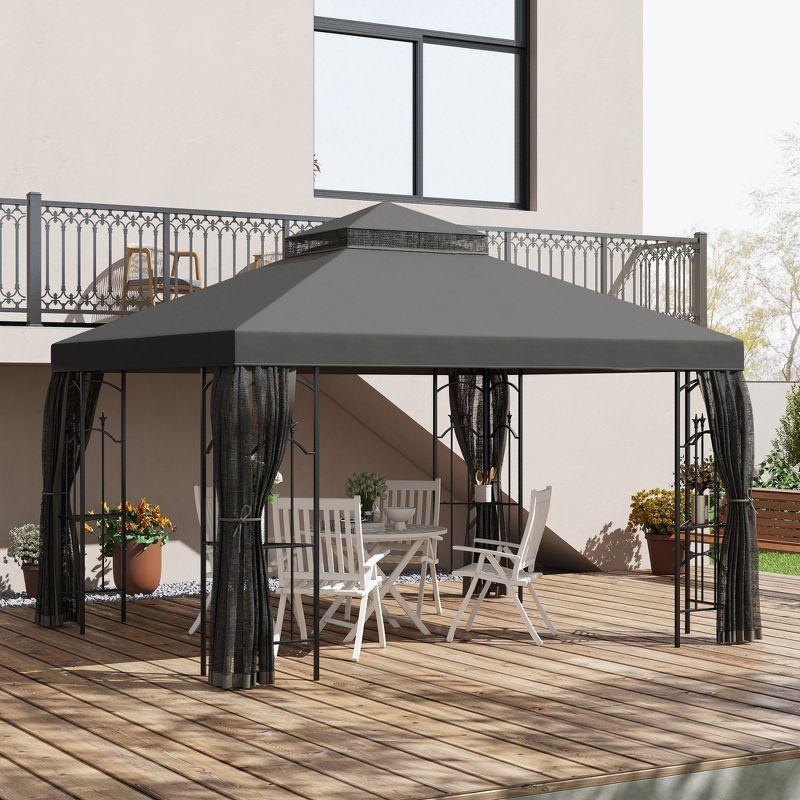 Outsunny Steel Outdoor Patio Gazebo Canopy with Removable Mesh Curtains, Display Shelves, & Steel Frame