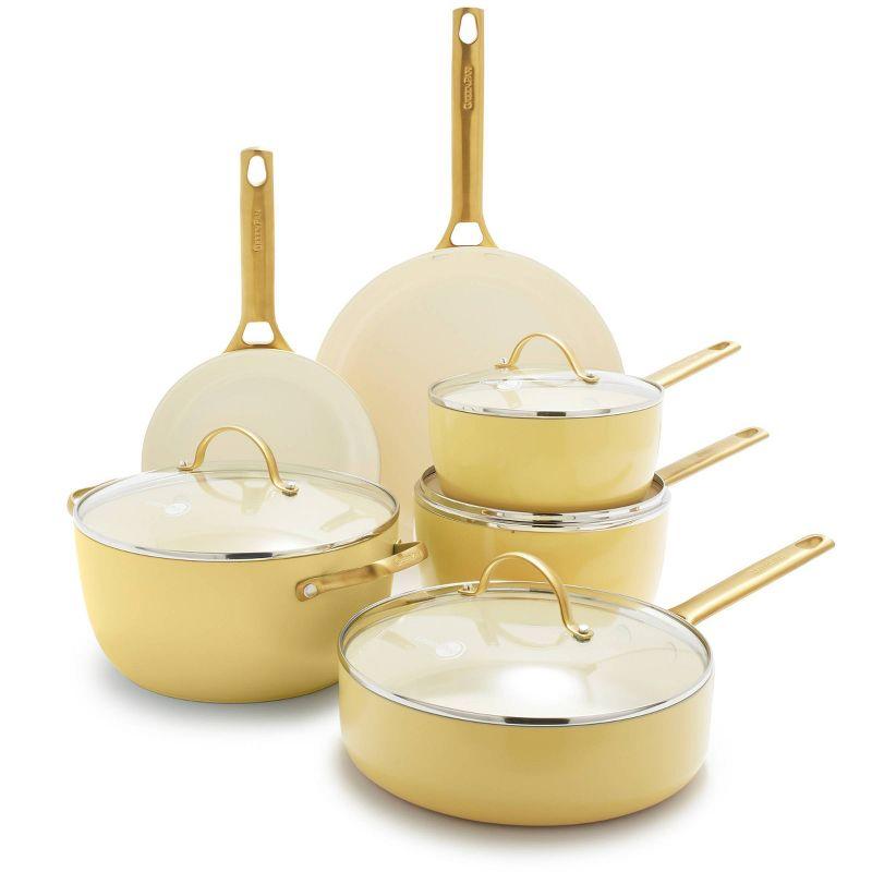 Sunrise Yellow Ceramic Nonstick 10-Piece Cookware Set with Gold Handles