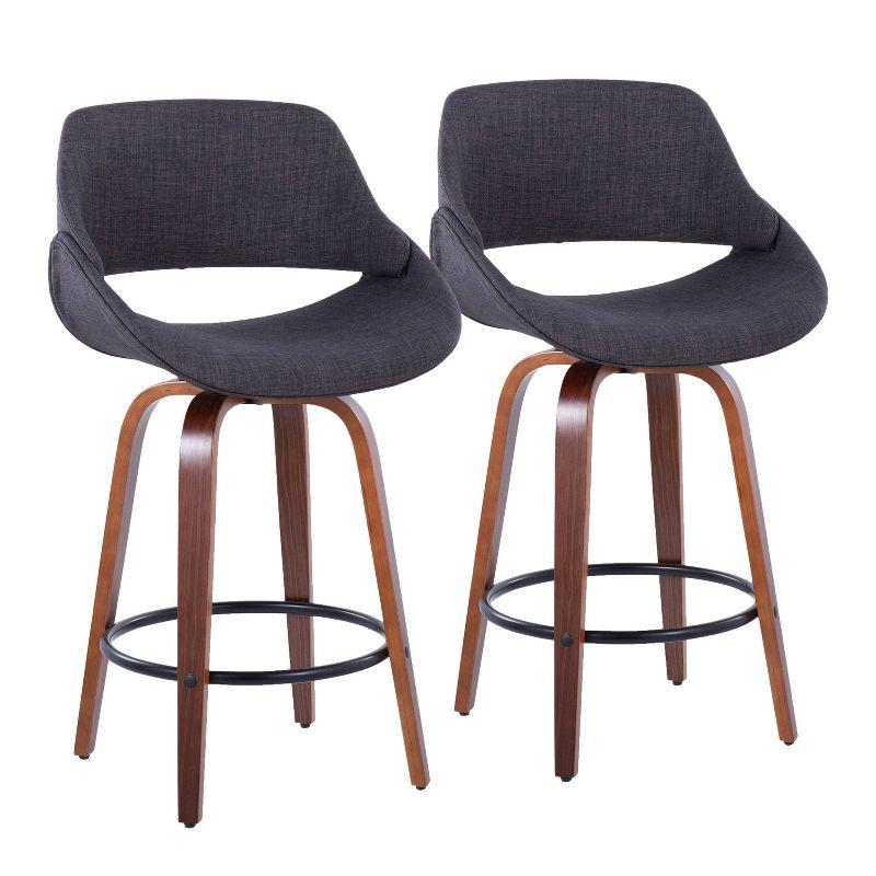 Charcoal Upholstered Walnut Wood Swivel Counter Stools with Black Metal Footrest, Set of 2