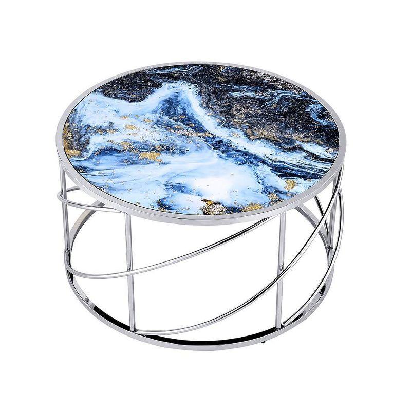 Blue Marble Print and Chrome Round Coffee Table