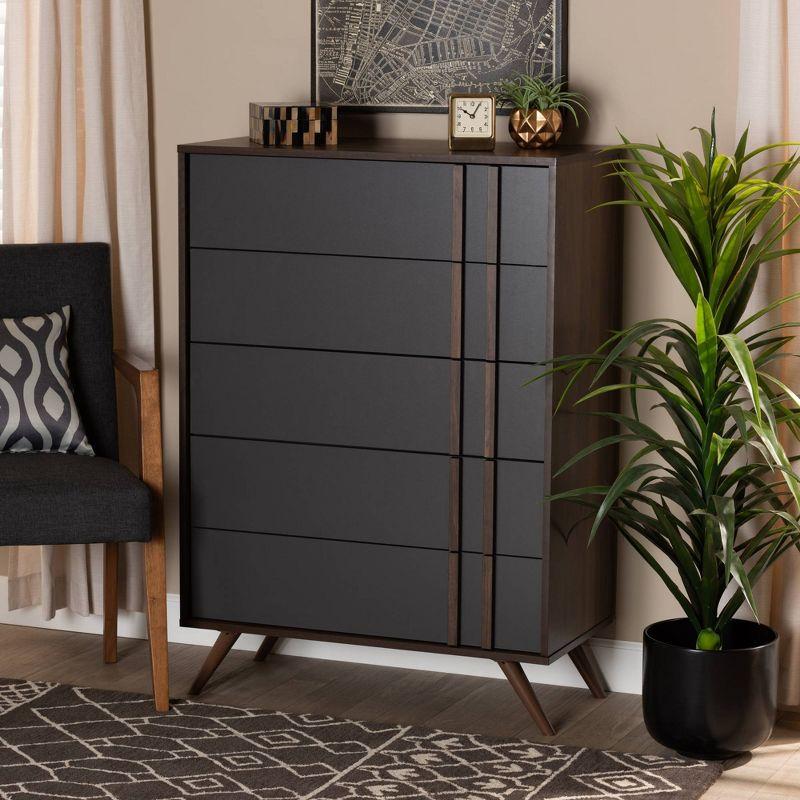 5 Drawer Naoki Wood Bedroom Chest Gray/Walnut - Baxton Studio: Modern Storage, Splayed Legs