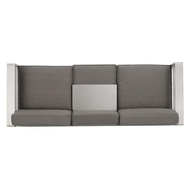 GDFStudio William Outdoor Aluminum 3 Seater Loveseat Sofa with Tray, Silver/Light Gray