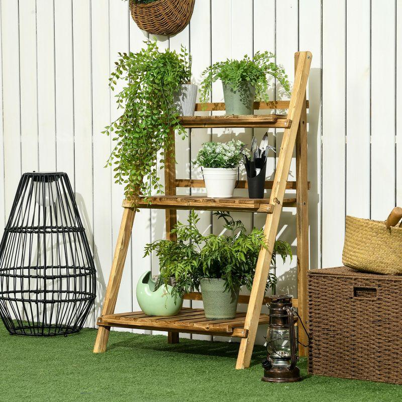 Natural Fir Wood 3-Tier Foldable Ladder Plant Stand