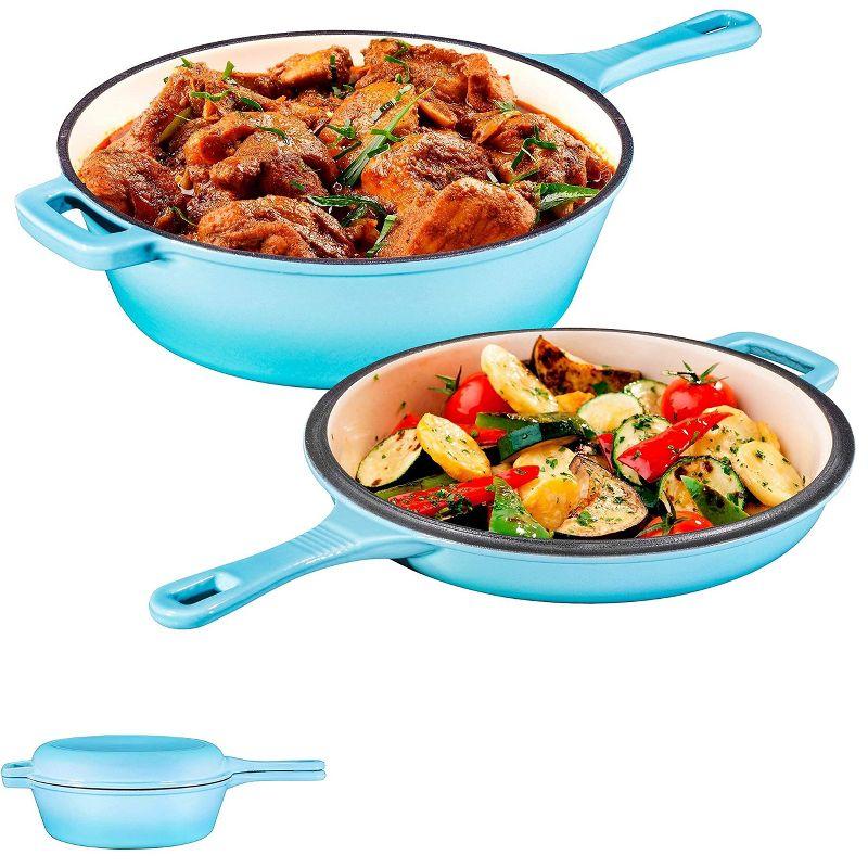 Bruntmor 2-in-1 Blue Pre-seasoned Cast Iron Dutch Oven and Skillet Set, 3 Quarts, Oven and Dishwasher Safe