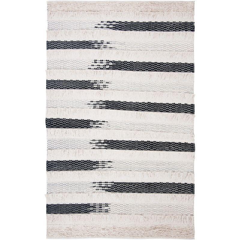 Ivory and Black Striped Wool Cotton Area Rug, 5' x 8'