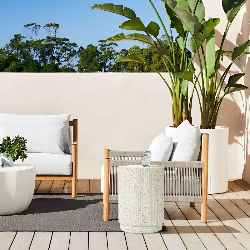 LuxenHome Outdoor Side Table, 17" Ivory White Cement Round Patio End Table,Outdoor Coffee Table for Garden Poolside,Accent Side Table