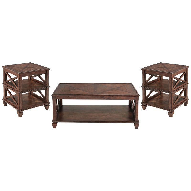 Cherry Pine Wood 3-Piece Living Room Set with Coffee Table and 2 Shelf End Tables