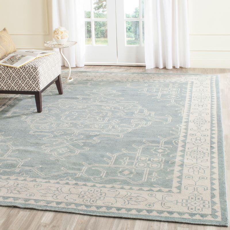 Ivory and Blue Hand-Knotted Wool Rectangular Area Rug