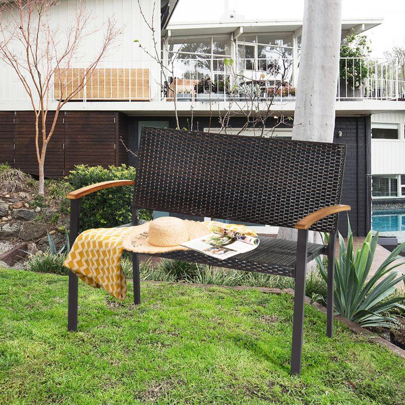 Weather-Resistant Rattan Wicker Loveseat with Steel Frame and Acacia Armrests