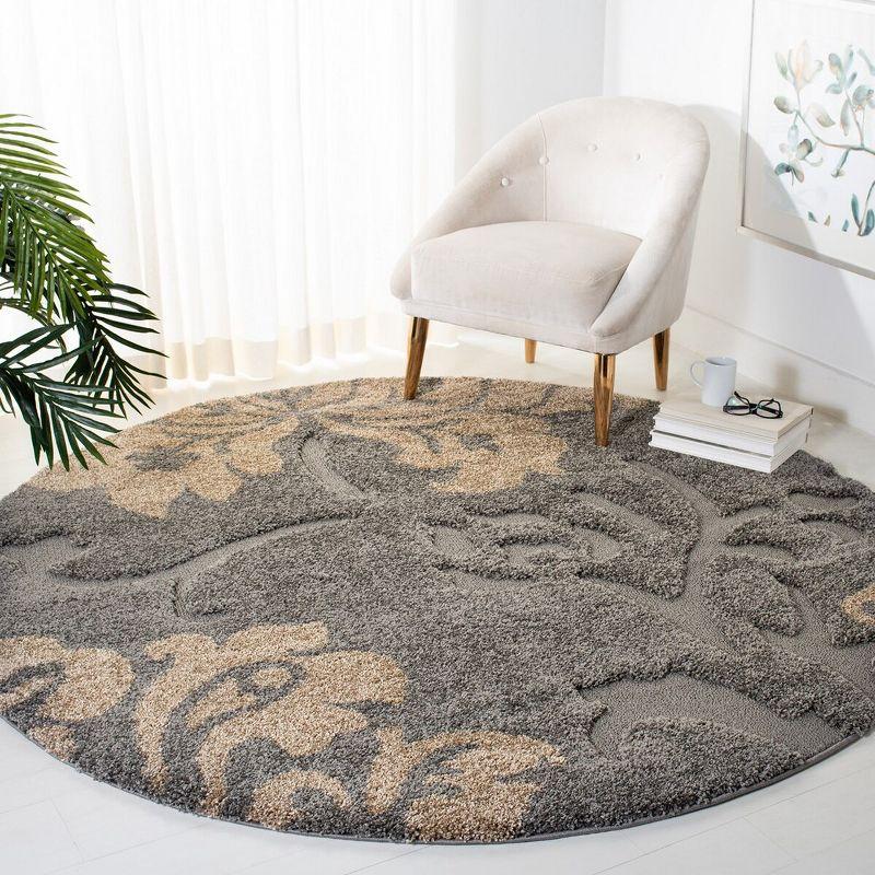 Grey and Beige Round Floral Shag Area Rug