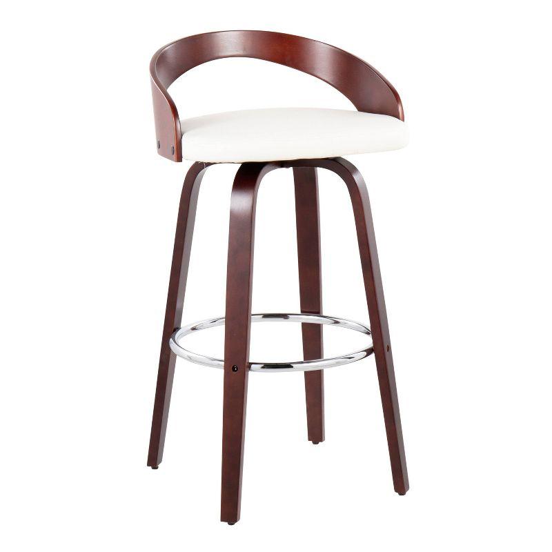 Cherry Wood and White Faux Leather Swivel Bar Stools, Set of 2