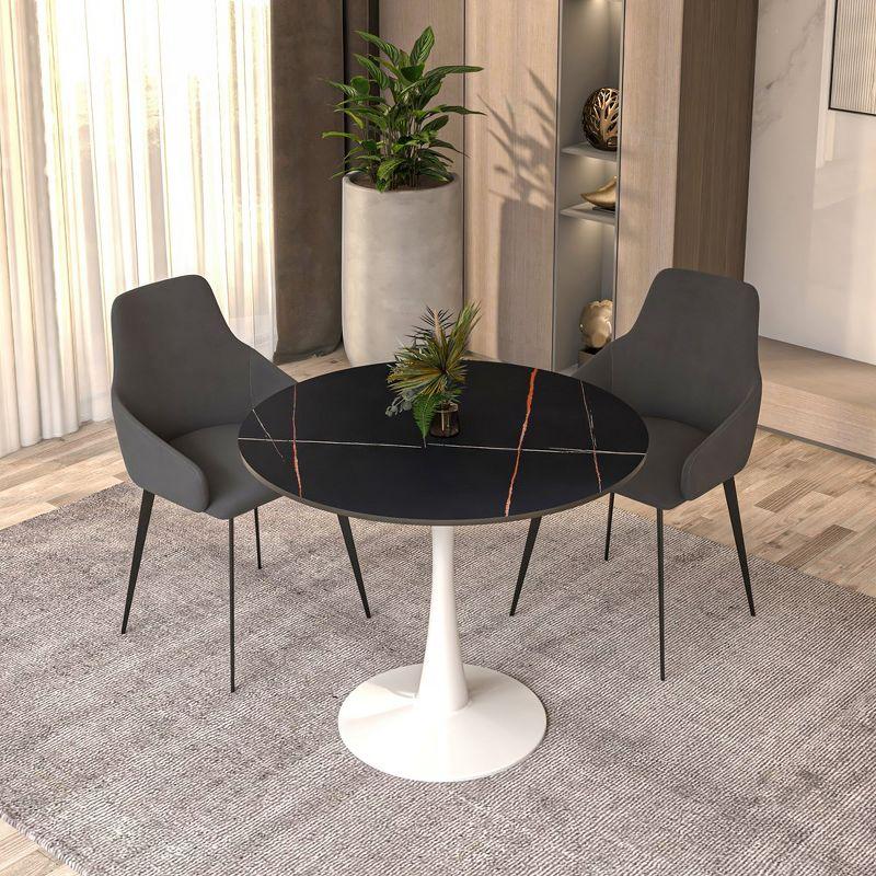 LeisureMod Round Dining Table Modern 35" Sintered Stone Tabletop with White Steel Pedestal Base Bristol Series