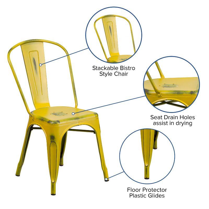 Distressed Yellow Metal Armless Indoor-Outdoor Stackable Chair