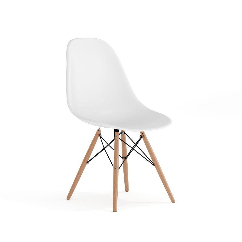 White Plastic Side Chair with Wooden Legs and Metal Bracing