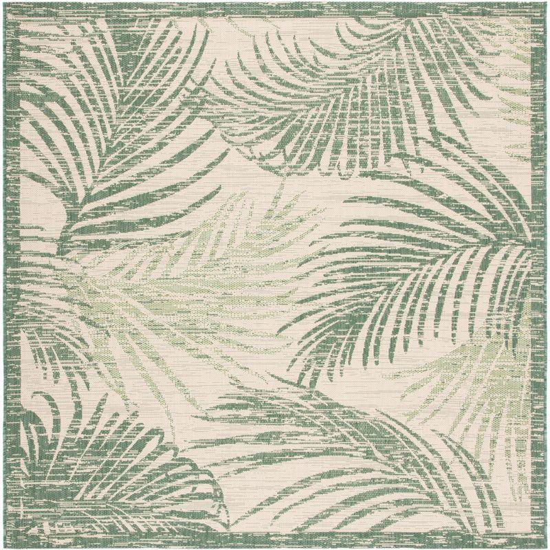 Beige and Green Square Palm Leaf Indoor/Outdoor Rug