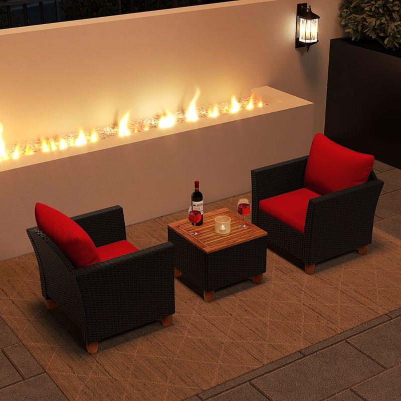 Tangkula 3PCS Patio Rattan Conversation Set Outdoor Furniture Set w/ Red Cushions