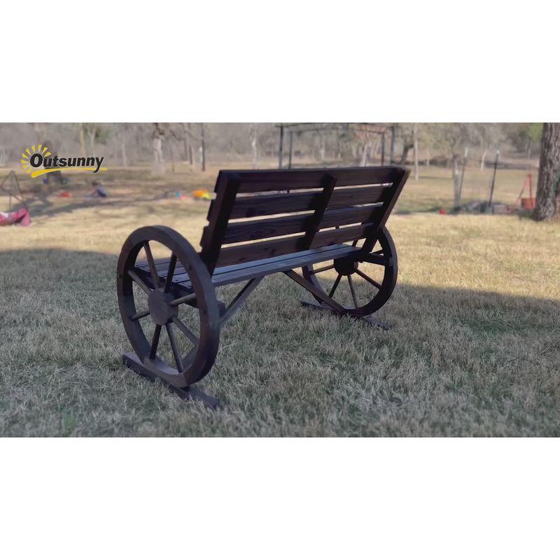 Outsunny Wooden Wagon Wheel Bench Rustic Outdoor Patio Furniture, 2-Person Seat Bench with Backrest Charcoal Gray