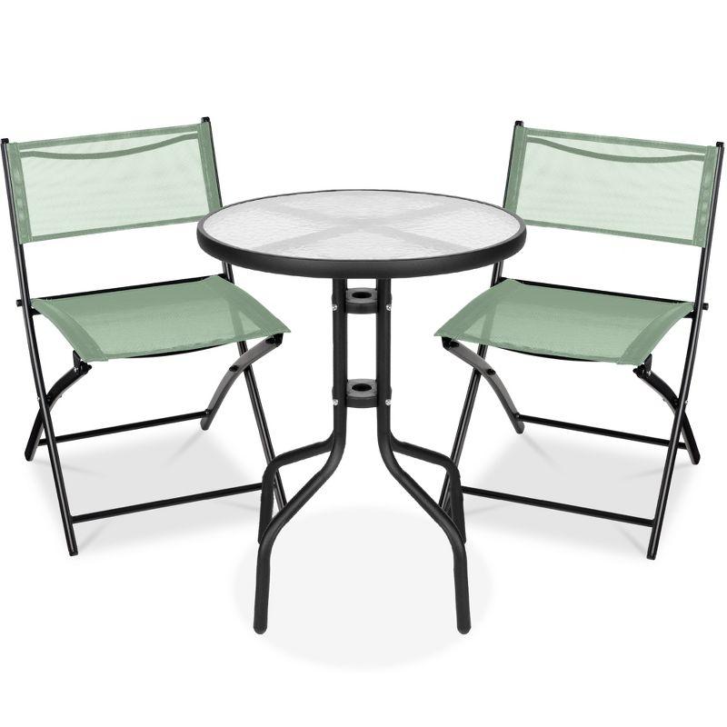 George Oliver 3-Piece Patio Bistro Dining Furniture Set W/ Glass Tabletop, Folding Chairs
