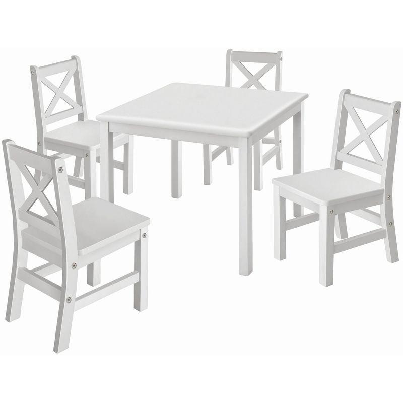 eHemco Solid Hard Wood Kids Table and Chair Set (4 Chairs Included), 5 Piece Set, White