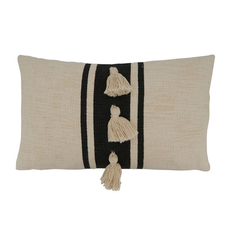 Black Striped Tassel Poly-Filled Square Throw Pillow