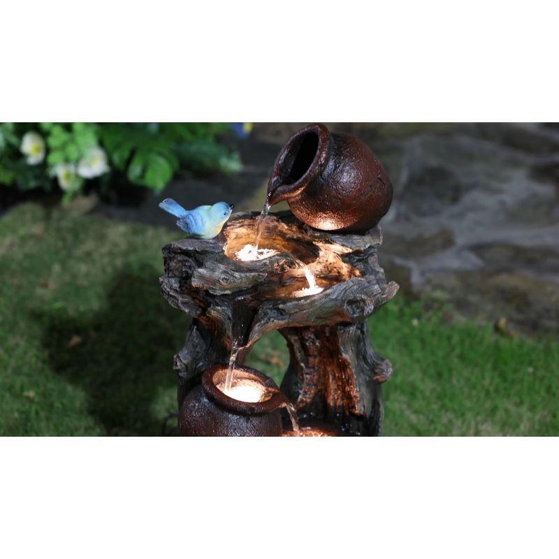 LuxenHome Rustic Pots and Pitchers on Tree Resin Outdoor Fountain with Lights Brown