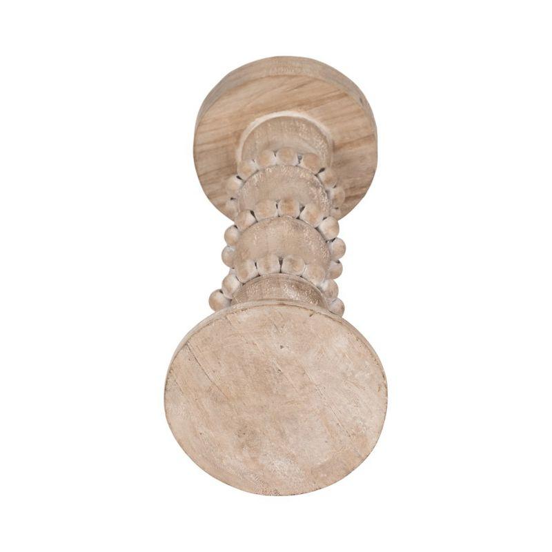 Sagebrook Home Wood Pillar Candle Holder with Decorative Beads, Antique Finish Candlestick for Home or Wedding Decor, Ivory/Beige, 5 L x 5 W x 13 H