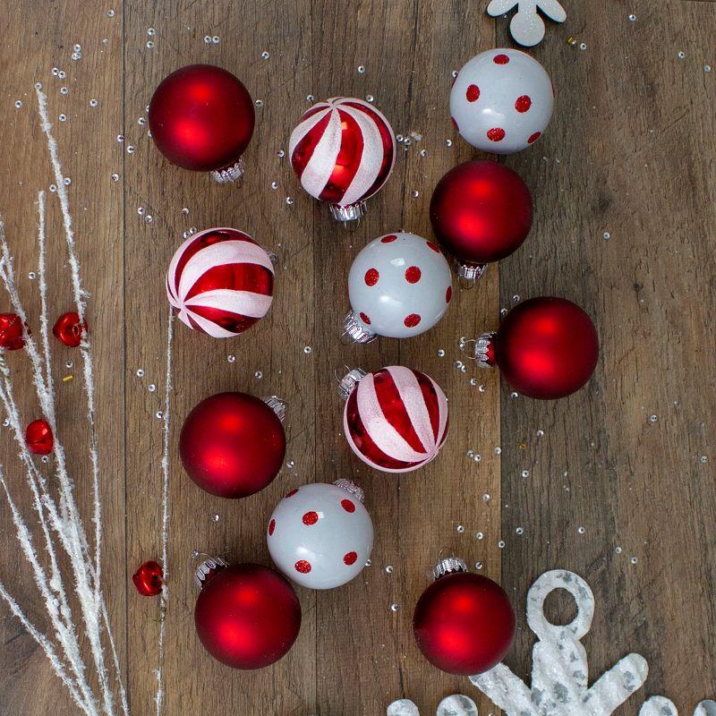 Red and White Glass 3-Finish Christmas Ball Ornament 1.75" (40mm) (Set of 12)