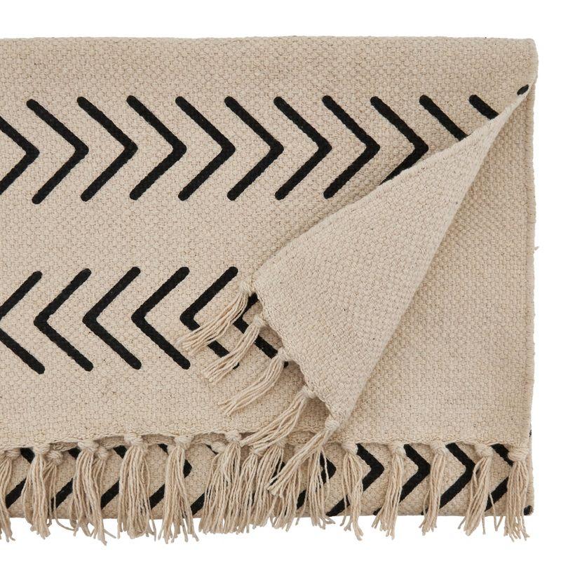 Beige Cotton Chevron Design Table Runner with Fringe