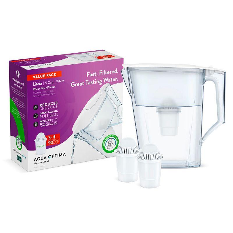 Aqua Optima Water Filter Pitcher Value Pack For Tap And Drinking Water With 3 Compact  Filter, Bpa Free, Wqa Certified, Liscia Design (white)