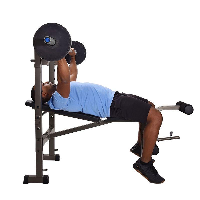 Stamina Adjustable Steel Weights Bench and Barbell Rack Combo Set with Resistance Band Anchor Points for Home Gym Workout or Exercise Equipment, Black