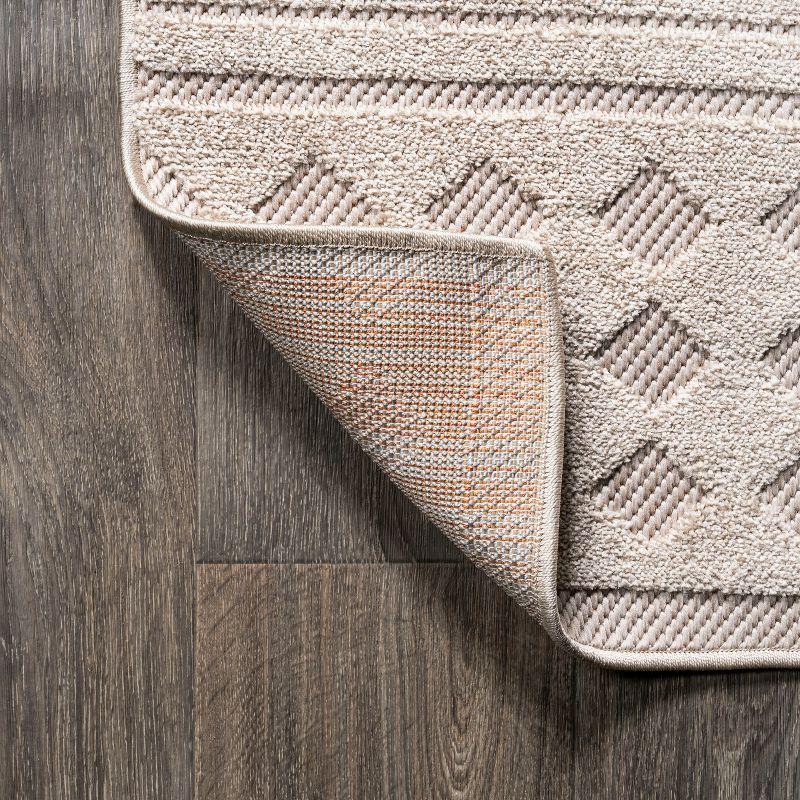 Ivory and Beige Geometric Synthetic Indoor/Outdoor Runner Rug