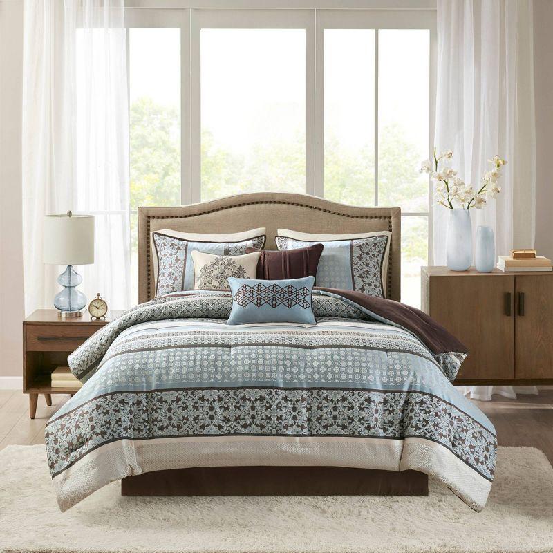 Blue Reversible Jacquard Queen Comforter Set with Decorative Pillows