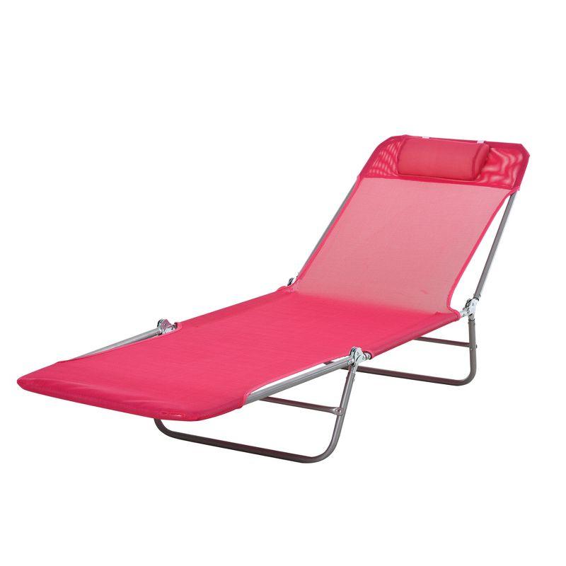 Outsunny Foldable Outdoor Chaise Lounge Chair, 5-Level Reclining Camping Tanning Chair with Breathable Mesh Fabric and Headrest, Pink