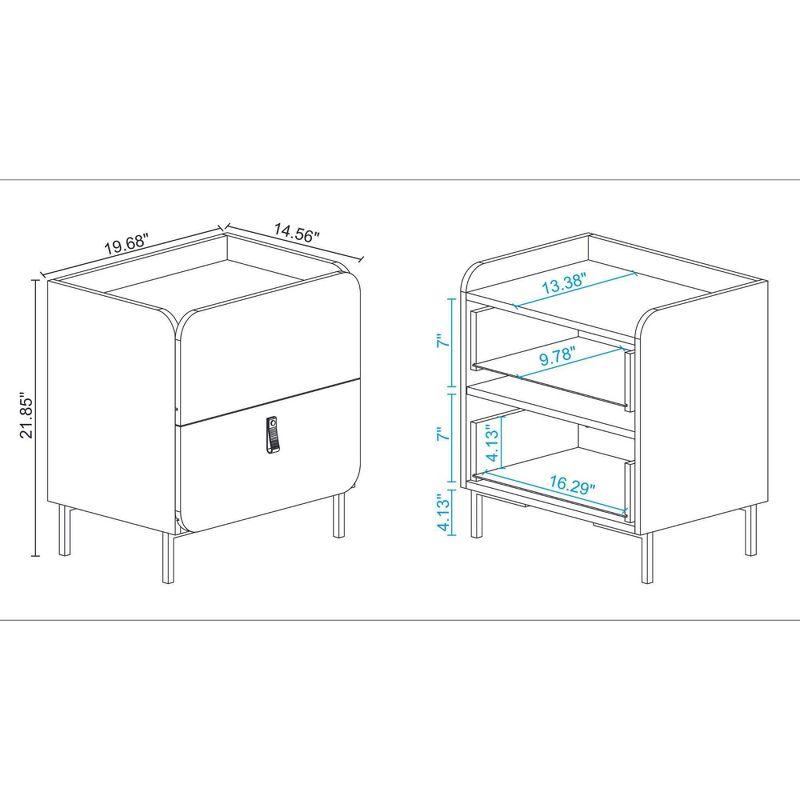Manhattan Comfort Set of 2 Bogardus Mid Century Modern Nightstands White: Rounded Drawer, Leather Pull, Particle Board