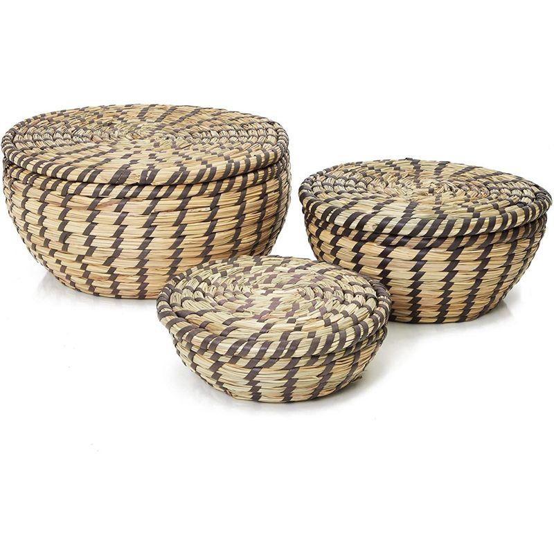 Natural and Brown Seagrass Round Storage Baskets with Lids, Set of 3